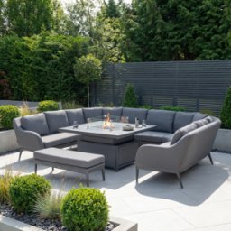 Harbour Lifestyle Luna U-Shape Outdoor Fabric Corner Dining with Rising Firepit Table in Grey