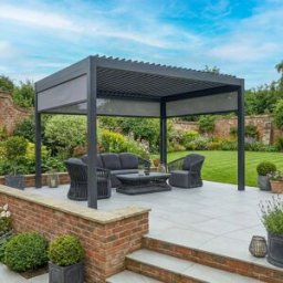 Harbour Lifestyle PergoSTET Deluxe 3m x 4m Rectangular Pergola with Motorised LED Louvres and 3 Manual Side Blinds in Grey