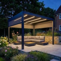 Harbour Lifestyle PergoSTET Deluxe 3m x 3m Square Pergola with Motorised LED Louvres and 3 Manual Side Blinds in Grey