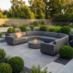 Harbour Lifestyle Luna U-Shape Outdoor Fabric Curved Corner Dining with Round Firepit Coffee Table in Grey