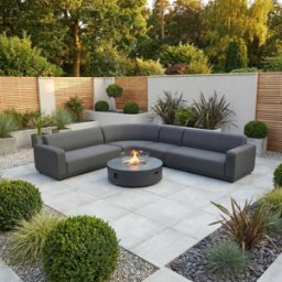 Harbour Lifestyle Luna Outdoor Fabric Large Curved Corner Group Set with Round Firepit Coffee Table in Grey