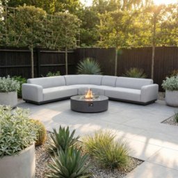Harbour Lifestyle Luna Outdoor Fabric Large Curved Corner Group Set with Round Firepit Coffee Table in Oyster Grey