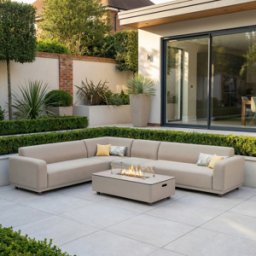 Harbour Lifestyle Luna Outdoor Fabric Large Corner Group Set with Firepit Coffee Table in Fawn