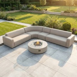 Harbour Lifestyle Luna Outdoor Fabric Large Curved Corner Group Set with Round Firepit Coffee Table in Fawn