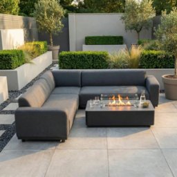 Harbour Lifestyle Luna Outdoor Fabric Corner Sofa Set with Firepit Coffee Table in Grey