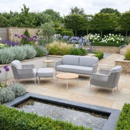 4 Seasons Outdoor Bernini 2 Seat Sofa Set with Teak Tables and Footstool in Light Grey