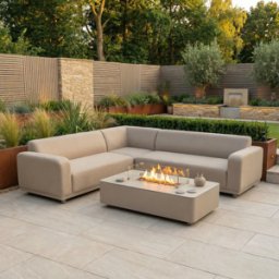 Harbour Lifestyle Luna Outdoor Fabric Corner Sofa Set with Firepit Coffee Table in Fawn