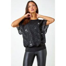 Roman Sequin Lace Overlay Stretch Top 18 female