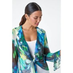 Roman Tie Frill Detail V-Neck Stretch Mesh Top 12 female