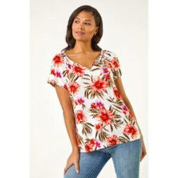 Roman Floral Print Notch Neck Stretch Top 10 female