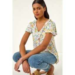 Roman Floral Print Ruffle V-Neck Top 20 female