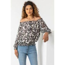 Roman Shirred Animal Print Bardot Chiffon Top 6 female