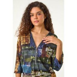 Roman Abstract Print Front Zip Stretch Top 20 female