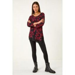 Roman Floral Print Chiffon Hem Stretch Top 18 female