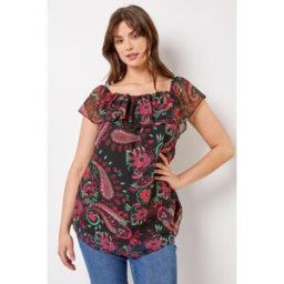 Roman Curve Paisley Print Chiffon Bardot Top 20 female