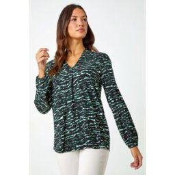 Roman Wave Print Pleated V-Neck Stretch Top 12 female