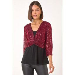 Roman Sequin Bodice V-Neck Stretch Top 10 female