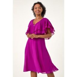 Roman Petite V-Neck Flare Trim Detail Cape Dress 8 female