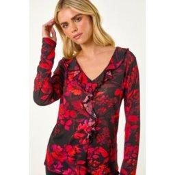 Roman Petite Floral Print V-Neck Frill Front Top 14 female