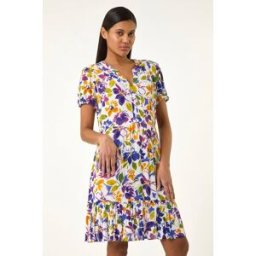 Roman Floral Notch Button A-Line Dress 16 female
