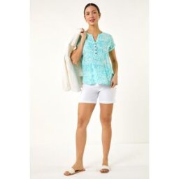 Roman Leaf Print V-Neck Button Top 16 female