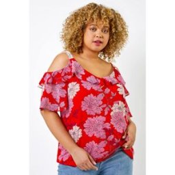 Roman Curve Floral Cold Shoulder Chiffon Frill Detail Top 30-32 female