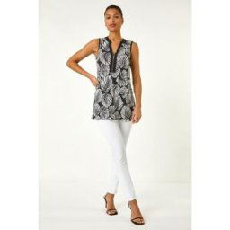 Roman Leaf Print Zip Front Stretch Top 14 female