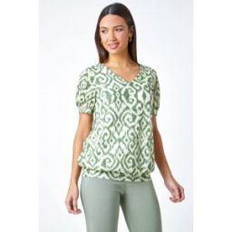 Roman Aztec Print V-Neck Blouson Hem Top 20 female
