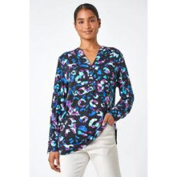 Roman Animal Print V-Neck Stretch Shirt Top 12 female