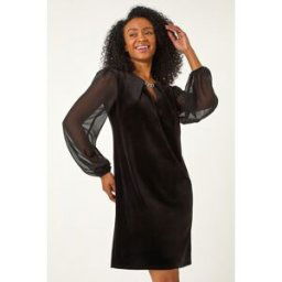 Roman Petite Contrast Sleeve Velvet Dress 8 female