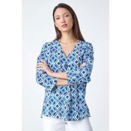 Roman Geometric Pleated Button Detail V-Neck Top 18 female