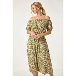 Roman Petite Ditsy Print Bardot Midi Dress 8 female
