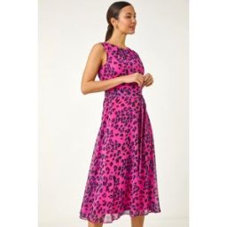 Roman Animal Print Pleated Chiffon Dress 20 female