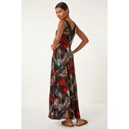 Roman Palm Print Contrast Band Maxi Dress 16 female