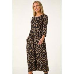 Roman Petite Geo Print Gathered Midi Dress 8 female