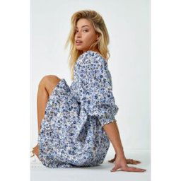 Dusk Ditsy Floral Shirred Cotton Tea Dress 8 female