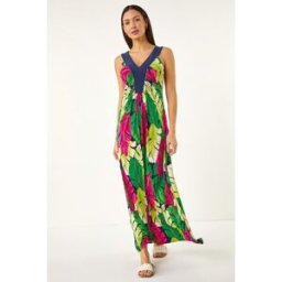 Roman Leaf Print Contrast Band Maxi Dress 18 female