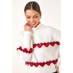Roman Stripe Heart Cowl Neck Knit Jumper M female