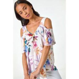 Roman Petite Floral Print Cold Shoulder Top 8 female