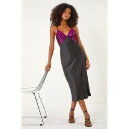 Dusk Sequin Top Satin Midi Dress 8 female