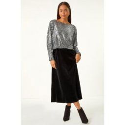 Roman Petite Contrast Sequin Velvet Dress 8 female