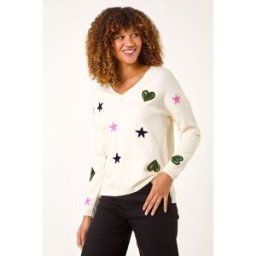 Roman Heart & Star V-Neck Flock Jumper 16 female