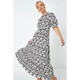 Dusk Spot Tie Neck Tiered Frill Midi Dress 8 female