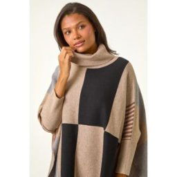 Roman Check Colour Block Knit Poncho one size female