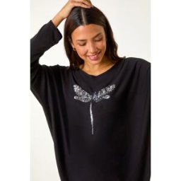 Roman Dragonfly Print Sequin Knitted Stretch Top S female