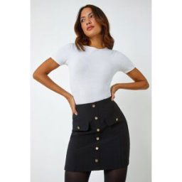 Roman Ribbed Elastic Waist Button A Line Skirt 20 female