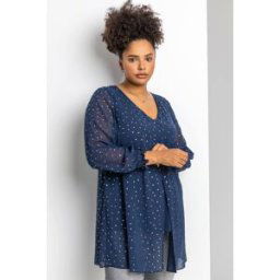 Roman Curve Foil Spot Print Split Front Chiffon Top 30-32 female