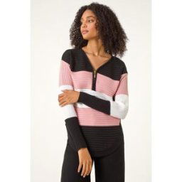 Roman Cotton Blend Stripe Zip Knit 18 female