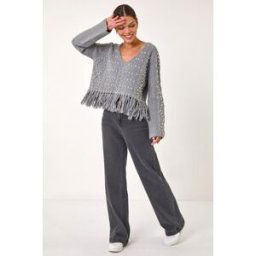 Roman V-Neck Fringe Textured Jumper S female