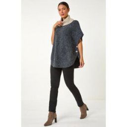 Roman Contrast Roll Neck Button Knit Poncho L female